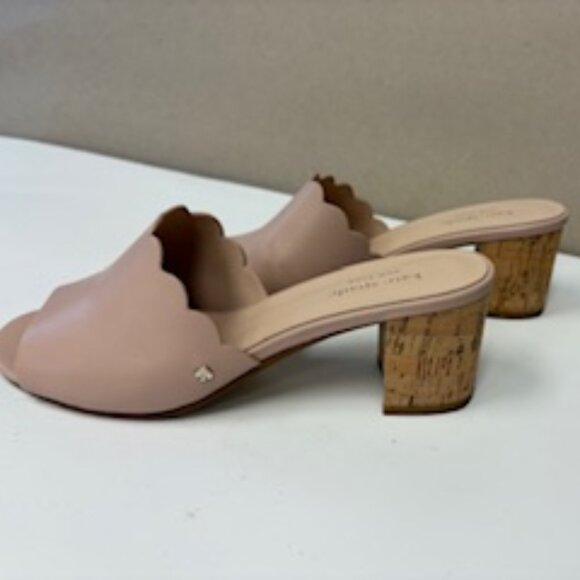 Kate Spade Blush Scalloped Leather Mule Slide Peep Toe Cork Block Heel - Picture 3 of 6